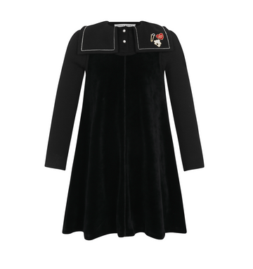 Little Parni Black Embroidered Collar Velour Dress (K691)