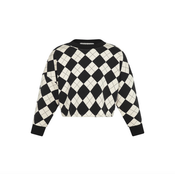 Little Parni Casual Cropped Argyle Sweatshirt - Black [K706]