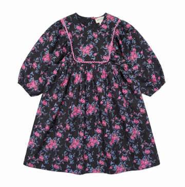 Louis Louise Dress Mahani Long Twill Bouquet Black