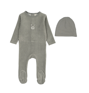 Lilette by Lil Legs Pale Blue Velour Gingham Bunny Footie Set