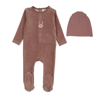 Lilette by Lil Legs Mauve Velour Gingham Bunny Footie Set