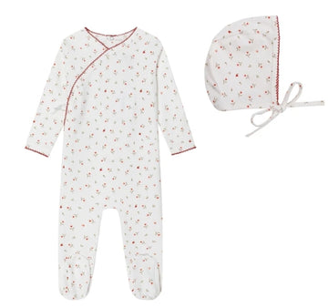 Mini Label Girls Cream Heart Printed Kimono Footie and Bonnet