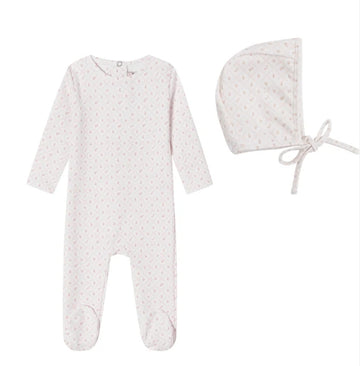 Mini Label Girls White Geometrical Printed Footie and Bonnet