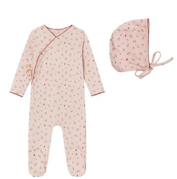 Mini Label Girls Pink Heart Printed Kimono Footie and Bonnet