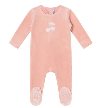 Mini Label Girls Pink Toile Printed Cherry Velour Footie