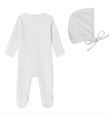 Mini Label Boys White Geometrical Printed Footie and Bonnet