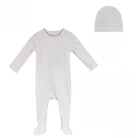 Bubani White/Blue Polka Dot Footie and Hat Set [477W272B]