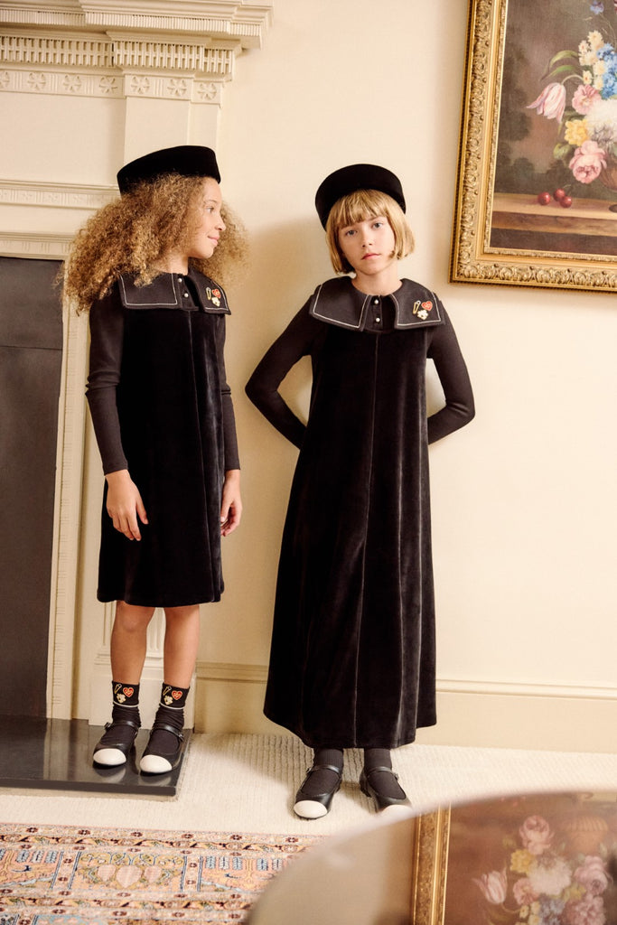 Little Parni Black Embroidered Collar Velour Dress (K691)
