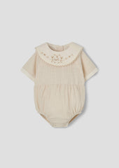Popelin Off-white romper suit with embroidered bib collar (Mod.2.1)