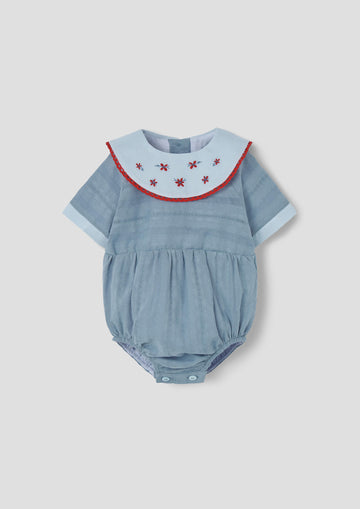 Popelin Blue romper suit with embroidered bib collar (Mod.2.3)