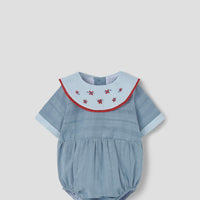 Popelin Blue romper suit with embroidered bib collar (Mod.2.3)