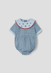Popelin Blue romper suit with embroidered bib collar (Mod.2.3)