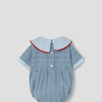 Popelin Blue romper suit with embroidered bib collar (Mod.2.3)