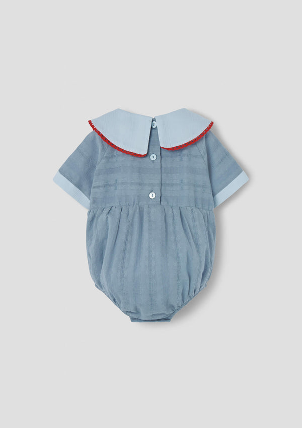 Popelin Blue romper suit with embroidered bib collar (Mod.2.3)