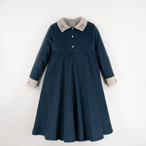 Popelin Blue Velvet Dress With Cape-Style Skirt And Embroidered Collar (Mod 32.1)