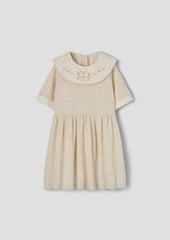 Popelin Off-white short dress with embroidered bib collar (Mod.41.1)