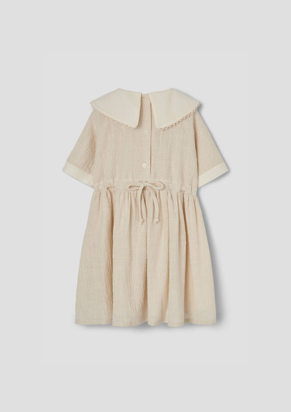 Popelin Off-white short dress with embroidered bib collar (Mod.41.1)