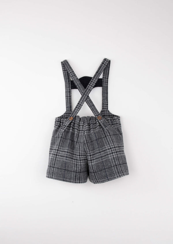 Popelin Grey Plaid Woollen Short Dungarees With Embroidery Appliqué (Mod 9.5)