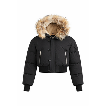Scotch Bonnet Black Teen Fur-Trim Bomber Down Coat with Fleece Lining T49