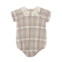 Analogie By Lil Legs Embroidered Collar Romper Tan Plaid