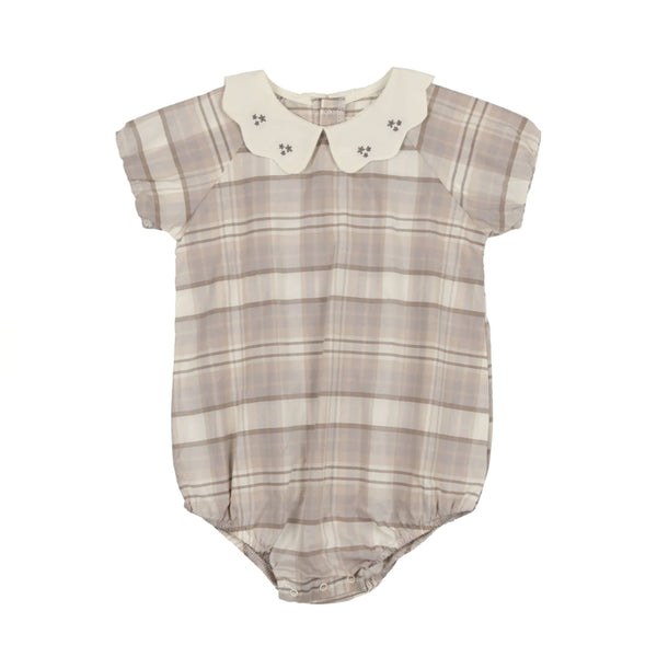 Analogie By Lil Legs Embroidered Collar Romper Tan Plaid