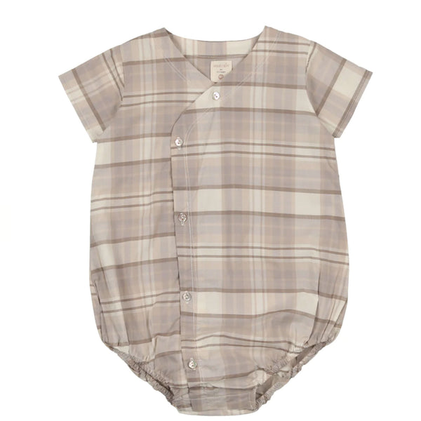 Analogie By Lil Legs Side Button Romper Taupe Plaid