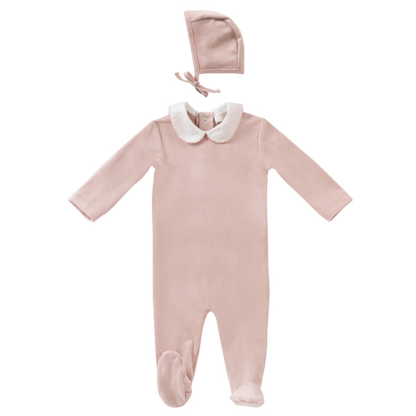 Kipp Baby Pink Scalloped Embroidered Romper & Bonnet Set