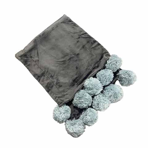 Zandino Couture Grey With Light Blue Pom poms Blanket