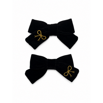 Bandeau Velvet Gold Embroidery Black Mini Bow Clip Set (Final Sale)