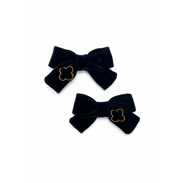 Bandeau Velvet Gold Embroidery Navy Mini Bow Clip Set (Final Sale)