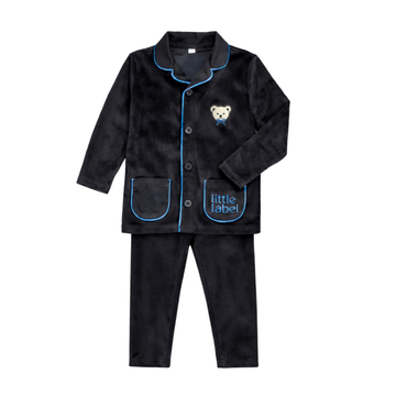 Little Label Black & Blue Velour Teddy Grandpa Pajama
