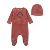 Bee & Dee Rhubarb Clock Velour Footie with Beanie