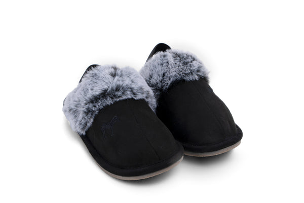 Zeebra Kids Black Plush Slippers - Hard Sole with Elastic