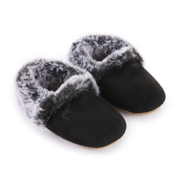 Zeebra Kids Black Plush Slippers - Rubber Sole