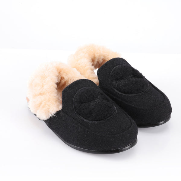 Zeebra Kids Black Wool Slingback Slipper - Hard Sole