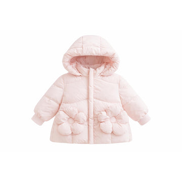 Scotch Bonnet Pink Hooded Baby Down Coat with Oversized Floral Pocket Detail B10