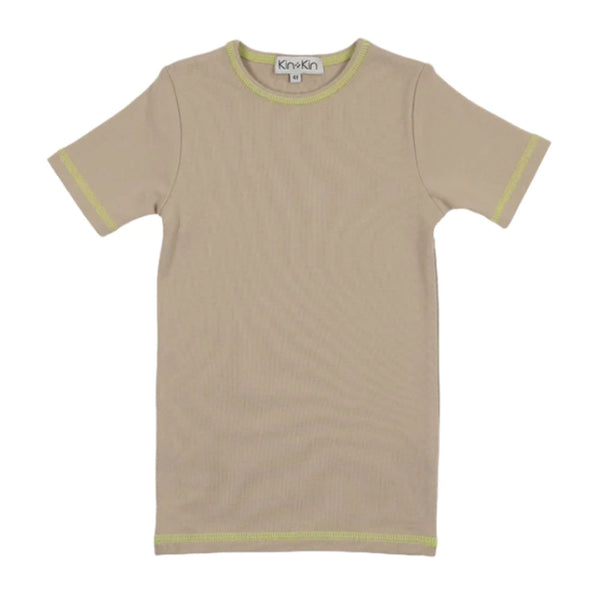 Kin + Kin Beige & Neon Yellow Thread Ribbed 3/4 Sleeve T-Shirt