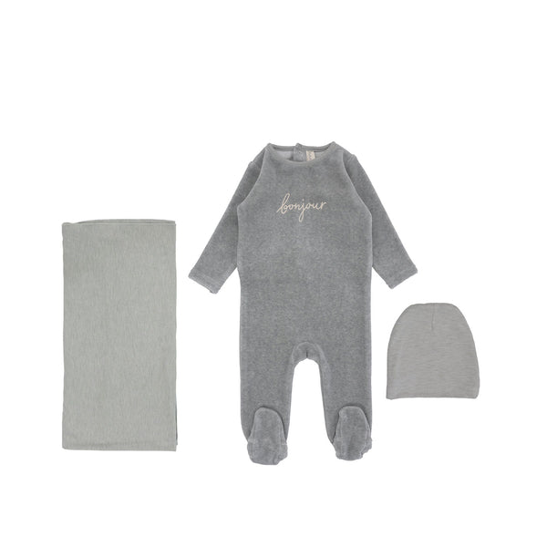 Lilette By Lil Legs Velour Bonjour Layette Set Heathered Blue