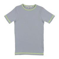 Kin + Kin Powder Blue & Neon Green Thread Ribbed 3/4 Sleeve T-Shirt