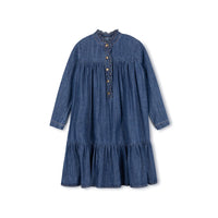 Phil and Phoebe  Blue Denim Palm - Thin Denim Ruﬄe Placket Dress