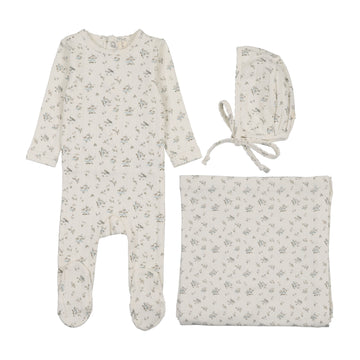 Lilette by Lil Legs Cream/Blue Pointelle Garden Cluster Print Layette Set