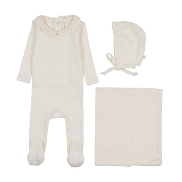 Lilette by Lil Legs Cream/Pink Knit Crochet Collar Layette Set