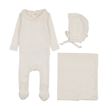 Lilette by Lil Legs Cream/Blue Knit Crochet Collar Layette Set