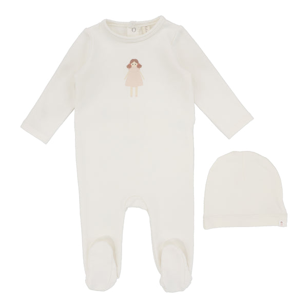 Lilette By Lil Legs Handdrawn Footie Set Milk/Doll