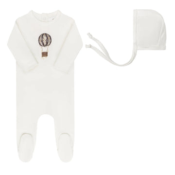 Aurora Ivory/Blue Footie + Bonnet Cotton French Terry Hot Air Balloon Collection