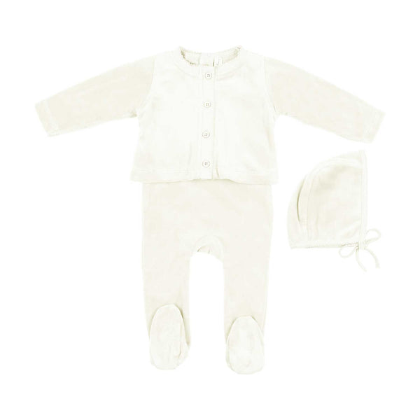 Bonjoy Ivory Velour Stretchie, Embossed Cardigan, & Beanie