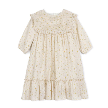 One Child Textured Linen Floral Print Pleated Bib Dress