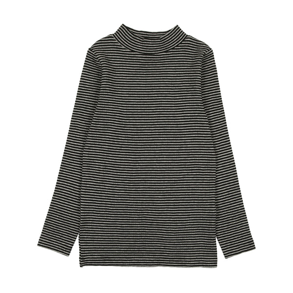 Kin + Kin Light Grey / Black Stripe Girls Striped Mock Neck