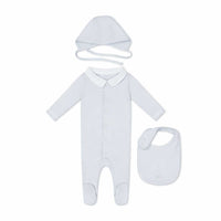 Little Parni Lt Blue Pointelle Collar Footie + Bonnet + Bib (K656)