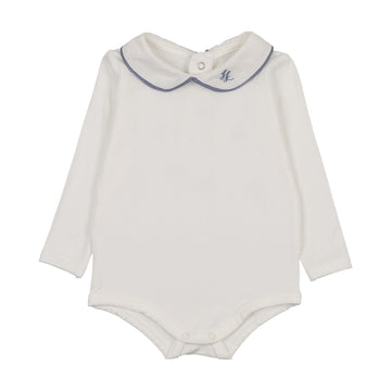 Analogy by Lil Legs White/Drd Blue Signature Collection Peter Pan Onesie With Piping